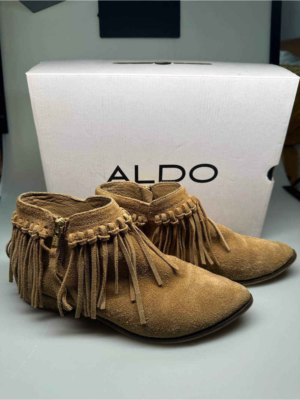 ALDO Tan Suede Fringe Ankle Boots